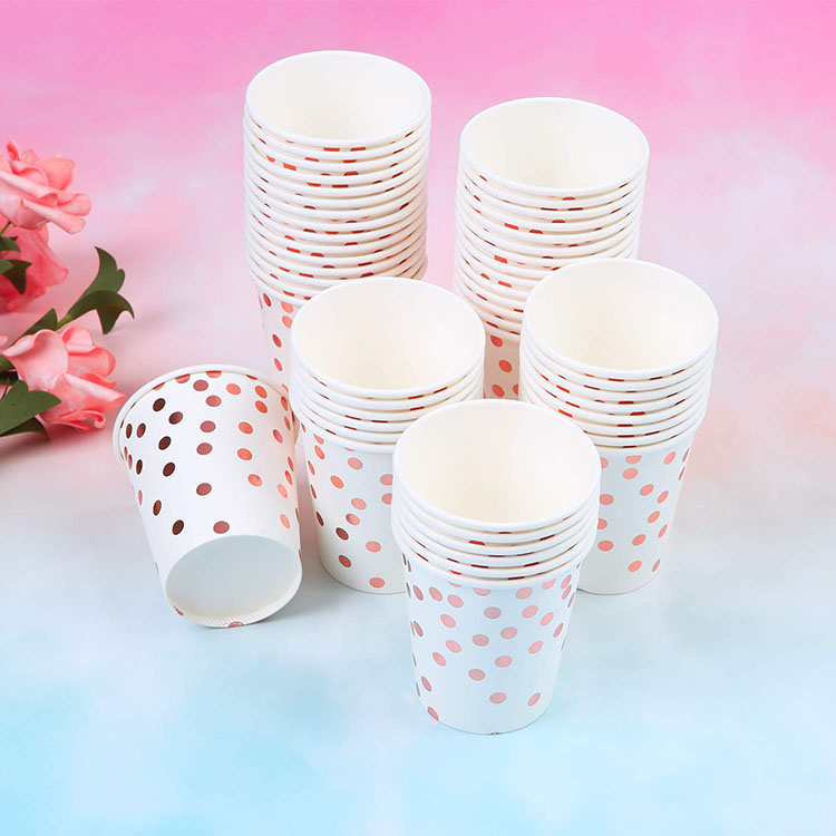 Hot Sell Eco- Friendly Rose Gold dot white  paper Party Supplies Birthday  dinnerware Supplies Paper Dishes for wedding.