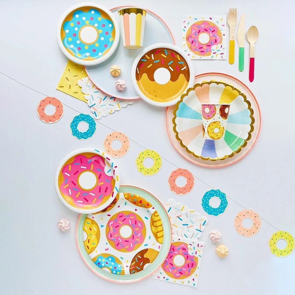 Theme Party Paper Donut Paper Plates Cup Cupcake Topper Napkin Banner Disposable Party Supplies Kits