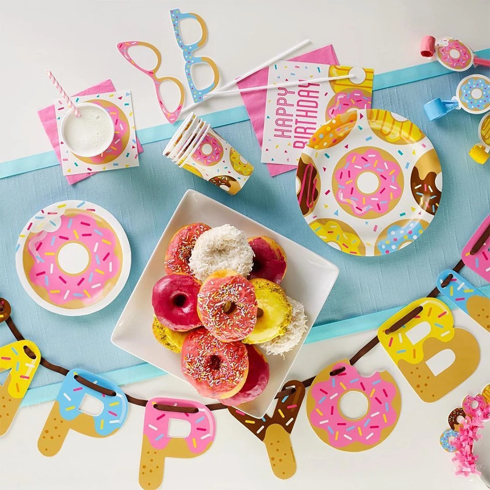 Theme Party Paper Donut Paper Plates Cup Cupcake Topper Napkin Banner Disposable Party Supplies Kits