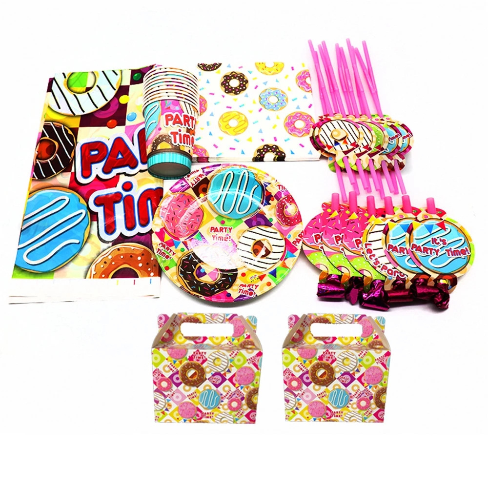 Theme Party Paper Donut Paper Plates Cup Cupcake Topper Napkin Banner Disposable Party Supplies Kits