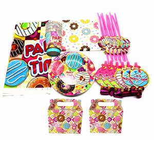 Theme Party Paper Donut Paper Plates Cup Cupcake Topper Napkin Banner Disposable Party Supplies Kits