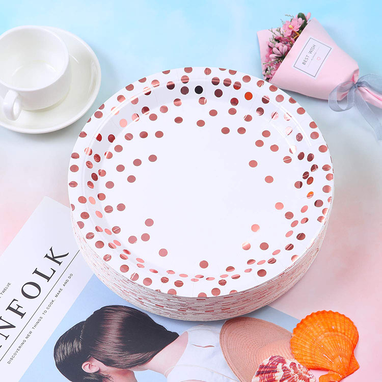 Hot Sell Eco- Friendly Rose Gold dot white  paper Party Supplies Birthday  dinnerware Supplies Paper Dishes for wedding.