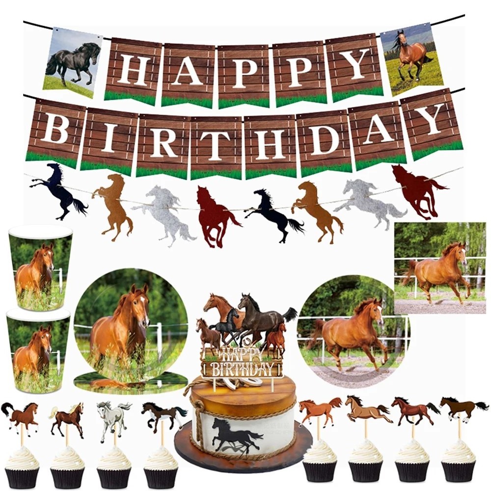 Horse Themed Disposable Tableware Set with Plates Tablecloth Happy Birthday Banner for a Festive Horse Birthday Party Decoration