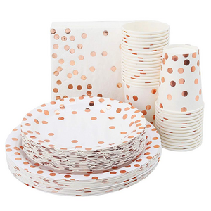 Hot Sell Eco- Friendly Rose Gold dot white  paper Party Supplies Birthday  dinnerware Supplies Paper Dishes for wedding.