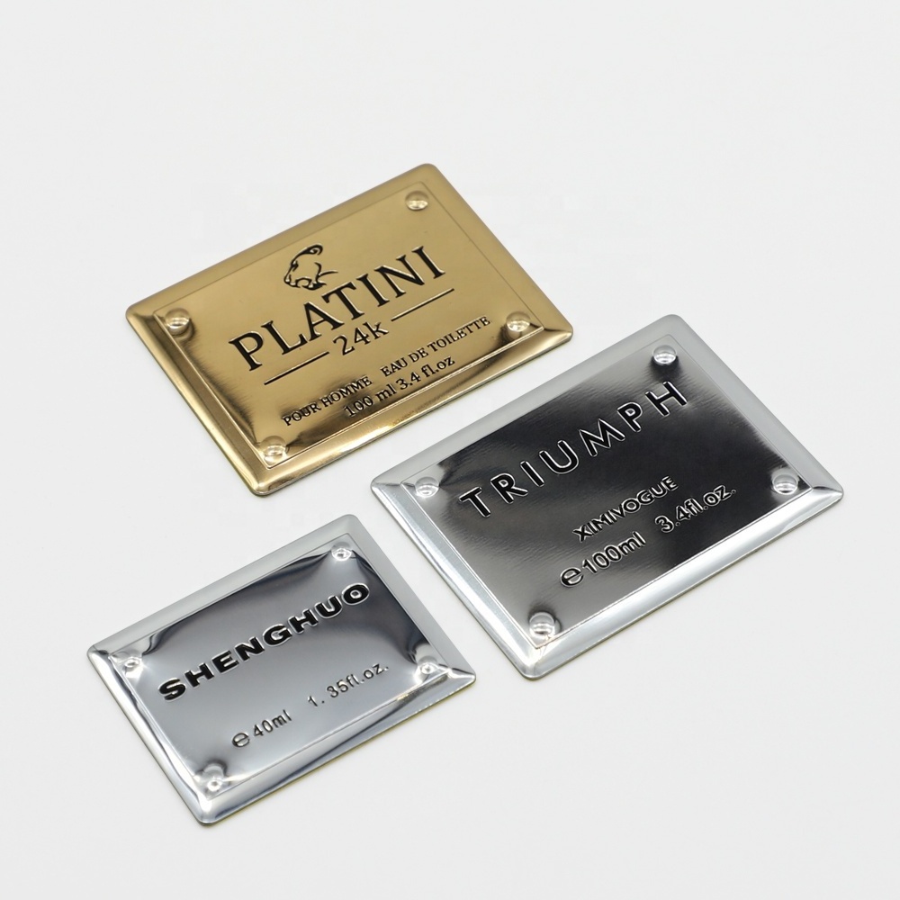 Custom Luxury Zinc Alloy Perfume Label Self Adhesive Mirror Finish Debossed Nameplate