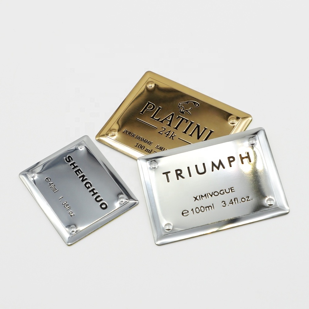 Custom Luxury Zinc Alloy Perfume Label Self Adhesive Mirror Finish Debossed Nameplate