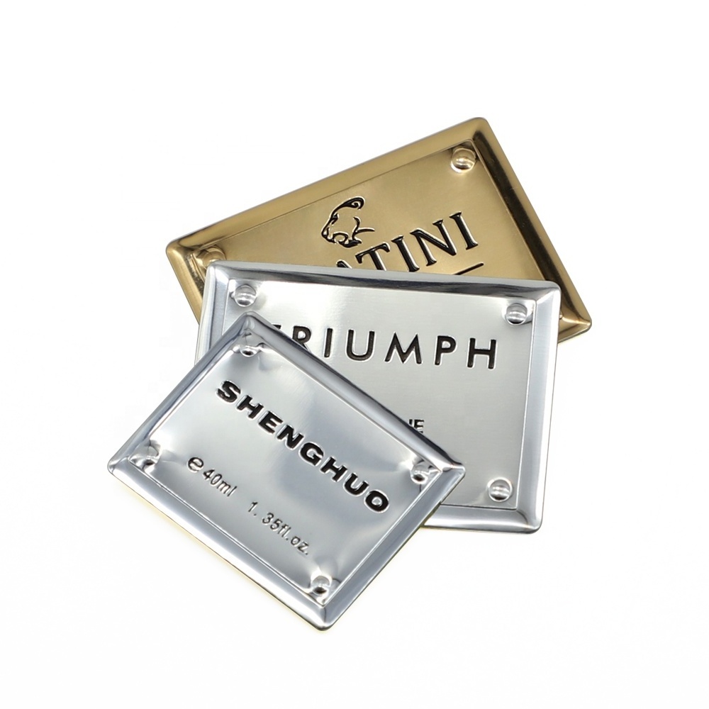 Custom Luxury Zinc Alloy Perfume Label Self Adhesive Mirror Finish Debossed Nameplate