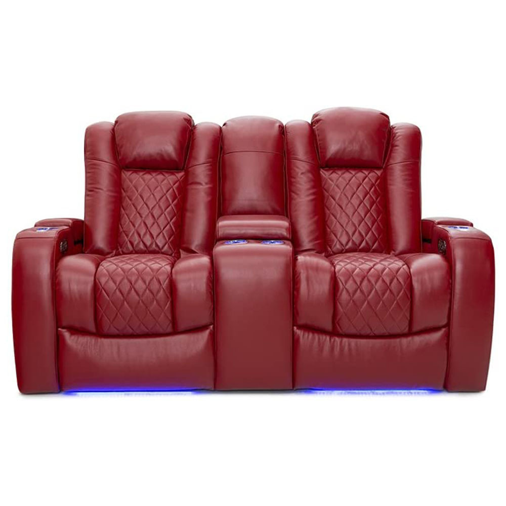 XIHAO Home Theater Love Seat Lighted Cup Holder Red Genuine Leather Recliner Sectional Sofa