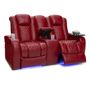 XIHAO Home Theater Love Seat Lighted Cup Holder Red Genuine Leather Recliner Sectional Sofa