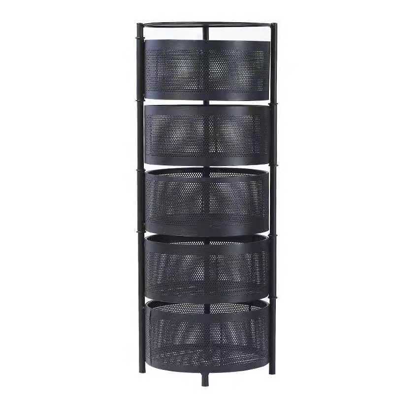 5 Tier Large Black Round Rotating Storage Rack Cart Fruit and Vegetable Basket Bowls for Kitchen with Metal Top Lid, on Wheels