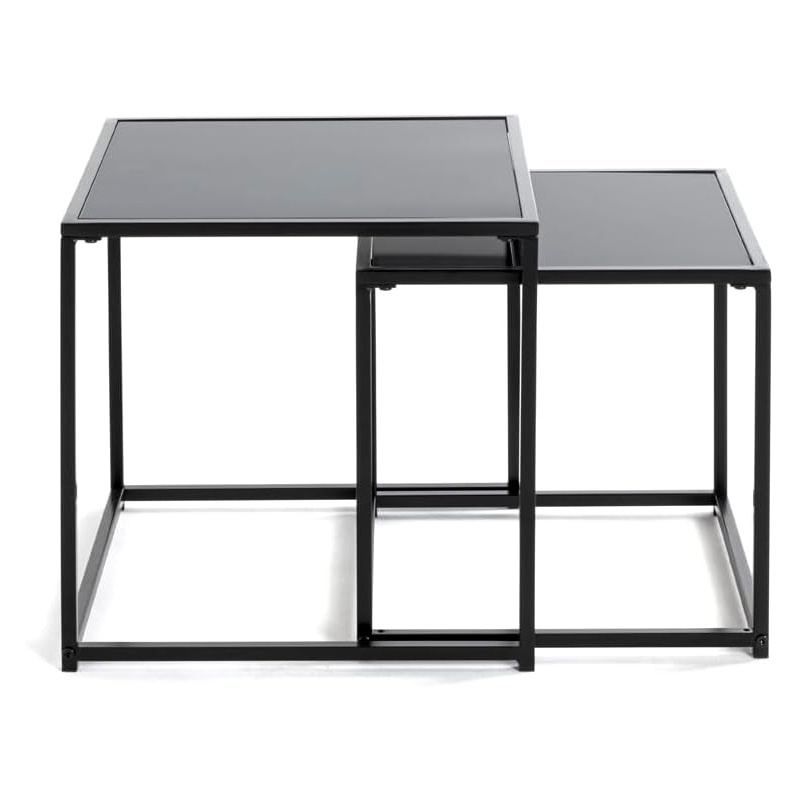 Modern round Black Tempered Glass Metal Frame Nesting Coffee Table  Glass Side Table Set of 2 for Living Room Bedroom Essentials