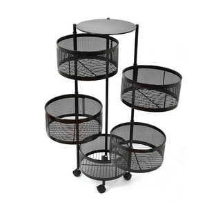 5 Tier Large Black Round Rotating Storage Rack Cart Fruit and Vegetable Basket Bowls for Kitchen with Metal Top Lid, on Wheels