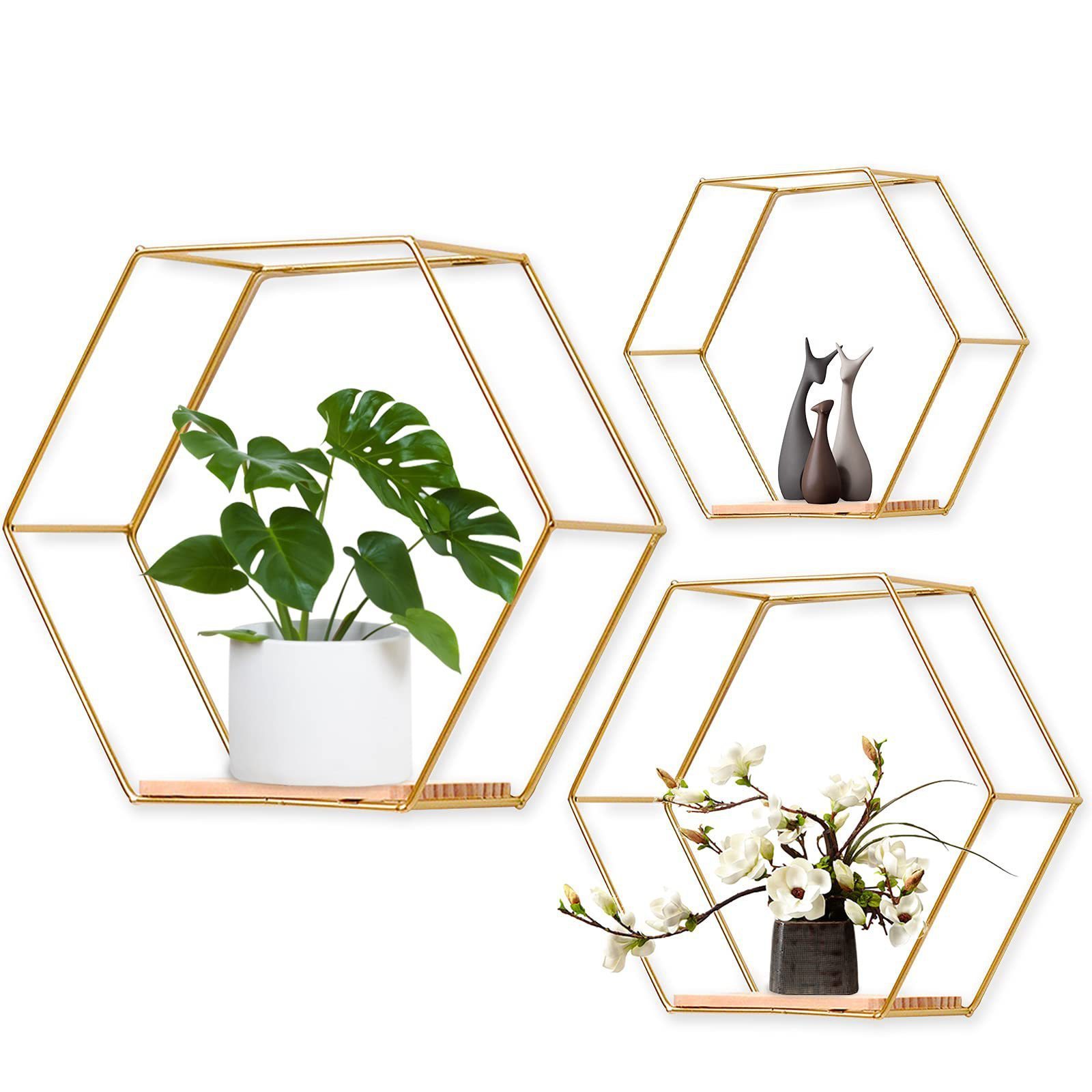 Set of 3 Hexagon Metal and Wood Floating Wall Shelf Hanging Storage Organizer Shelf for Kitchen Bathroom Bedroom Wall Decoration