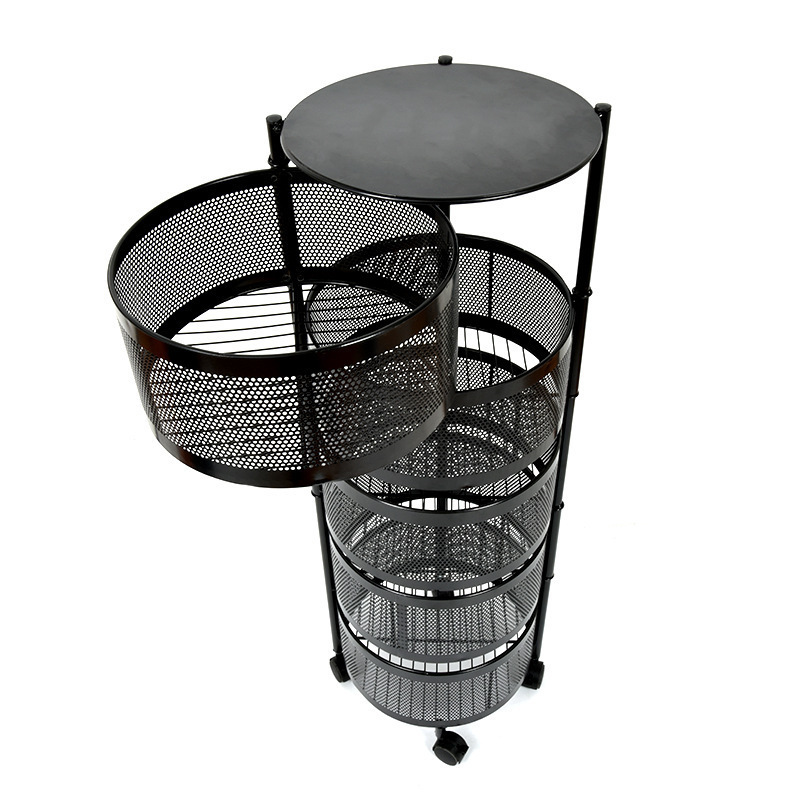 5 Tier Large Black Round Rotating Storage Rack Cart Fruit and Vegetable Basket Bowls for Kitchen with Metal Top Lid, on Wheels