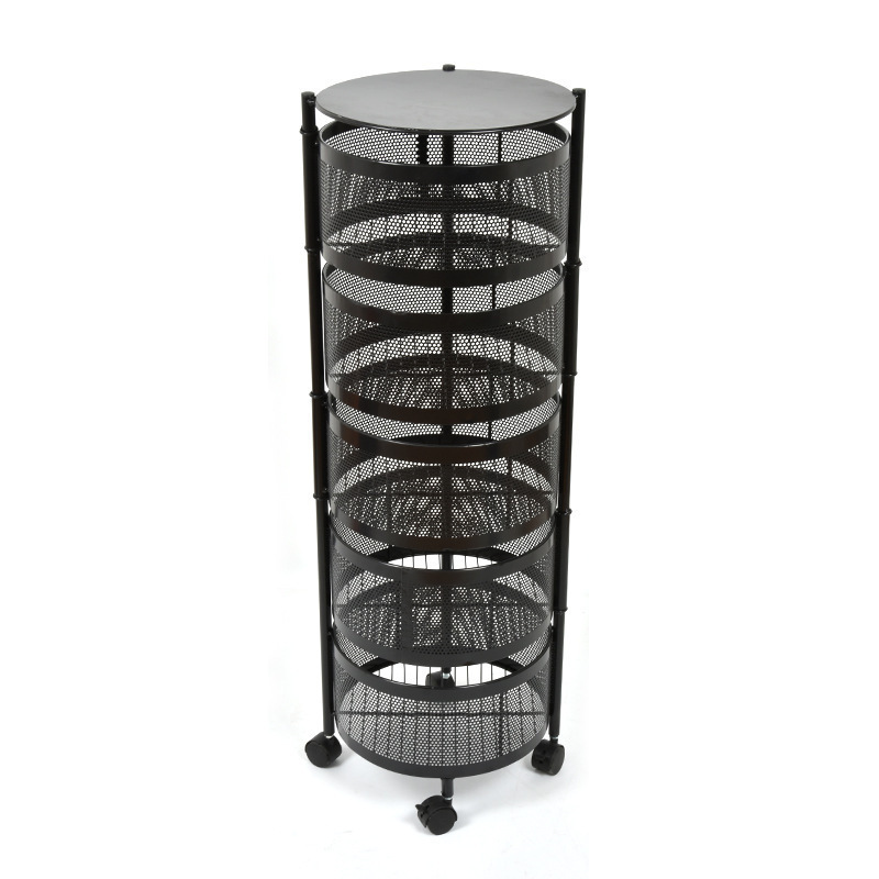 5 Tier Large Black Round Rotating Storage Rack Cart Fruit and Vegetable Basket Bowls for Kitchen with Metal Top Lid, on Wheels