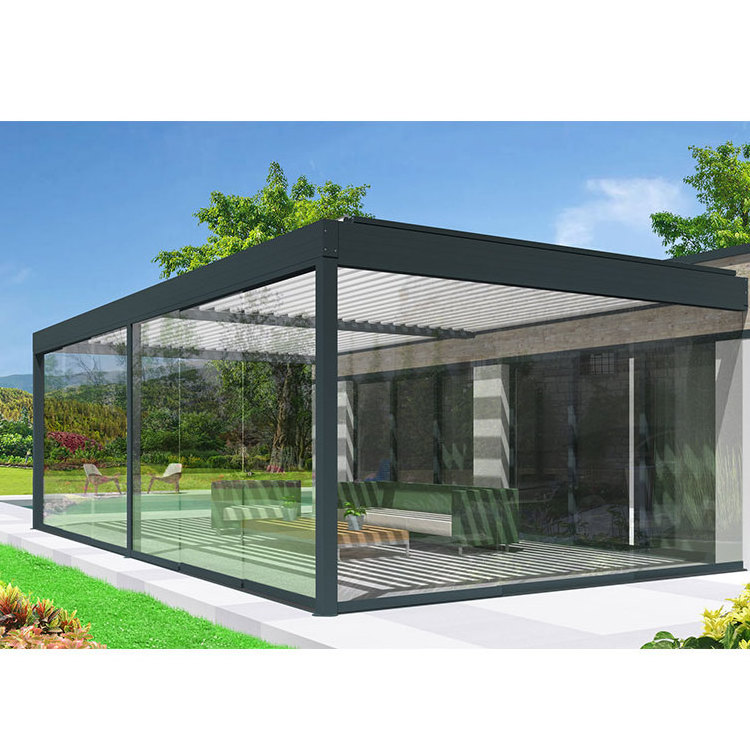 Four Seasons Are Available Customized Outdoor Waterproof Aluminium Louver Roof Garden Pergola With Glass Sliding Doors