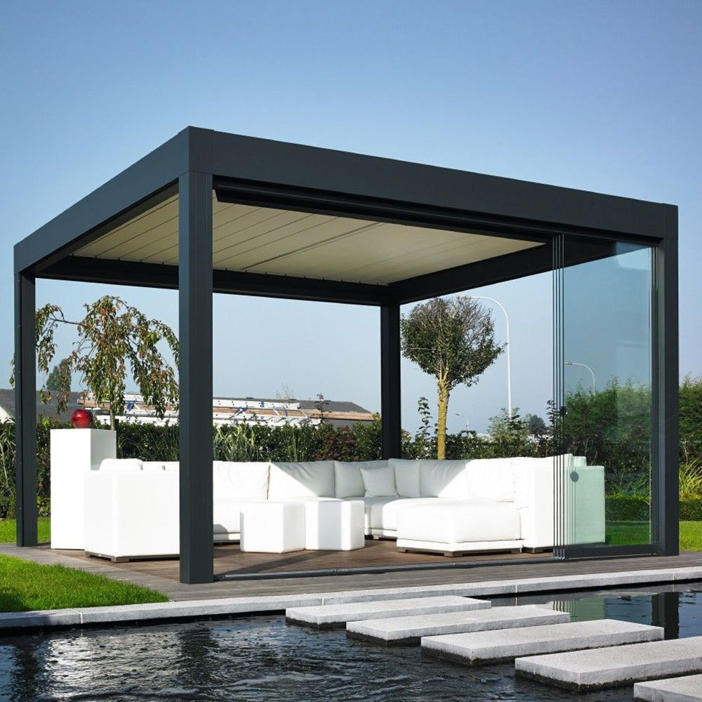 Four Seasons Are Available Customized Outdoor Waterproof Aluminium Louver Roof Garden Pergola With Glass Sliding Doors