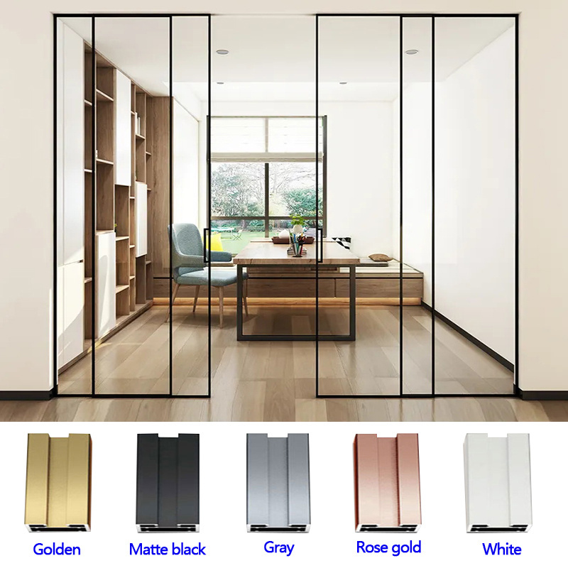 Sliding Doors Soundproof Internal 4 Panel Slim Black Frame Bottom Trackless Commercial Large Aluminum slim Sliding Glass Door