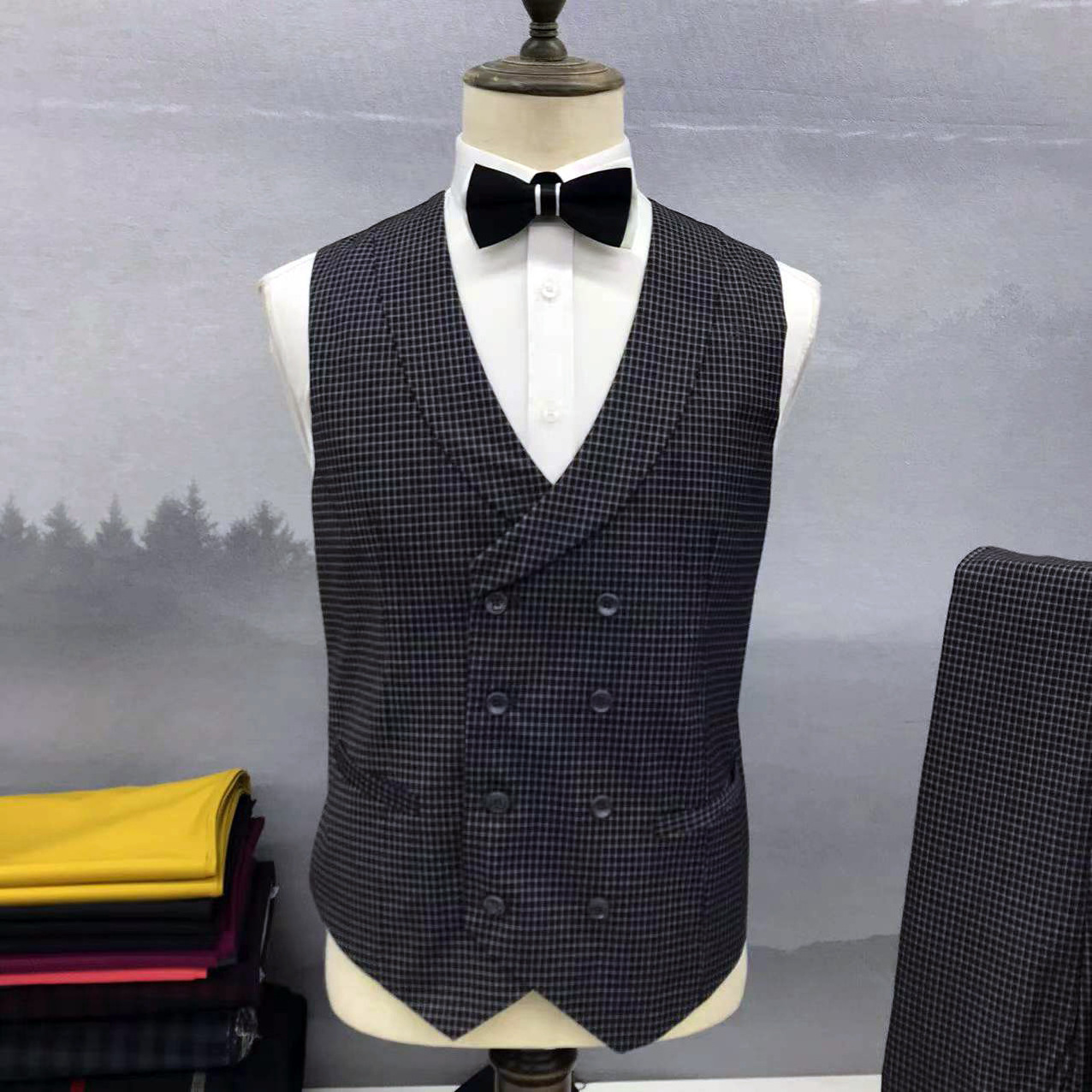 Double Breasted Vest Plaid Wedding Suit 3 Pieces Set Suits Slim Fit Set For Men Check Weeding Dresses