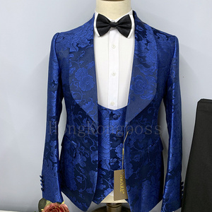 Wholesale Navy  Blue Floral Formal 3 Pieces Slim Fit Shawl Lapel PromTuxedos Wedding Suits Jacquard Men's Suit