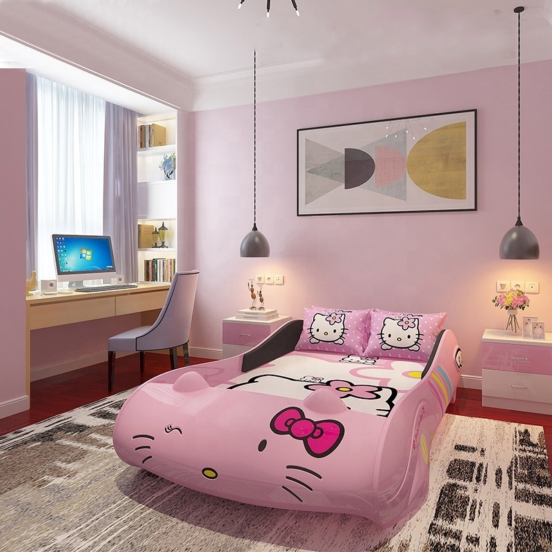 Xijiayi furniture T5 low back half bag children's bed female princess bed with guardrail cute cartoon cat hello kitty  child bed