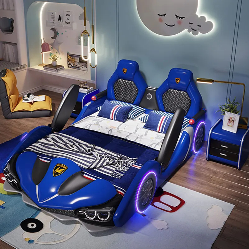 Factory wholesale double creative kids car bed boy cartoon leather single bed with guardrail girl Children racing car bed