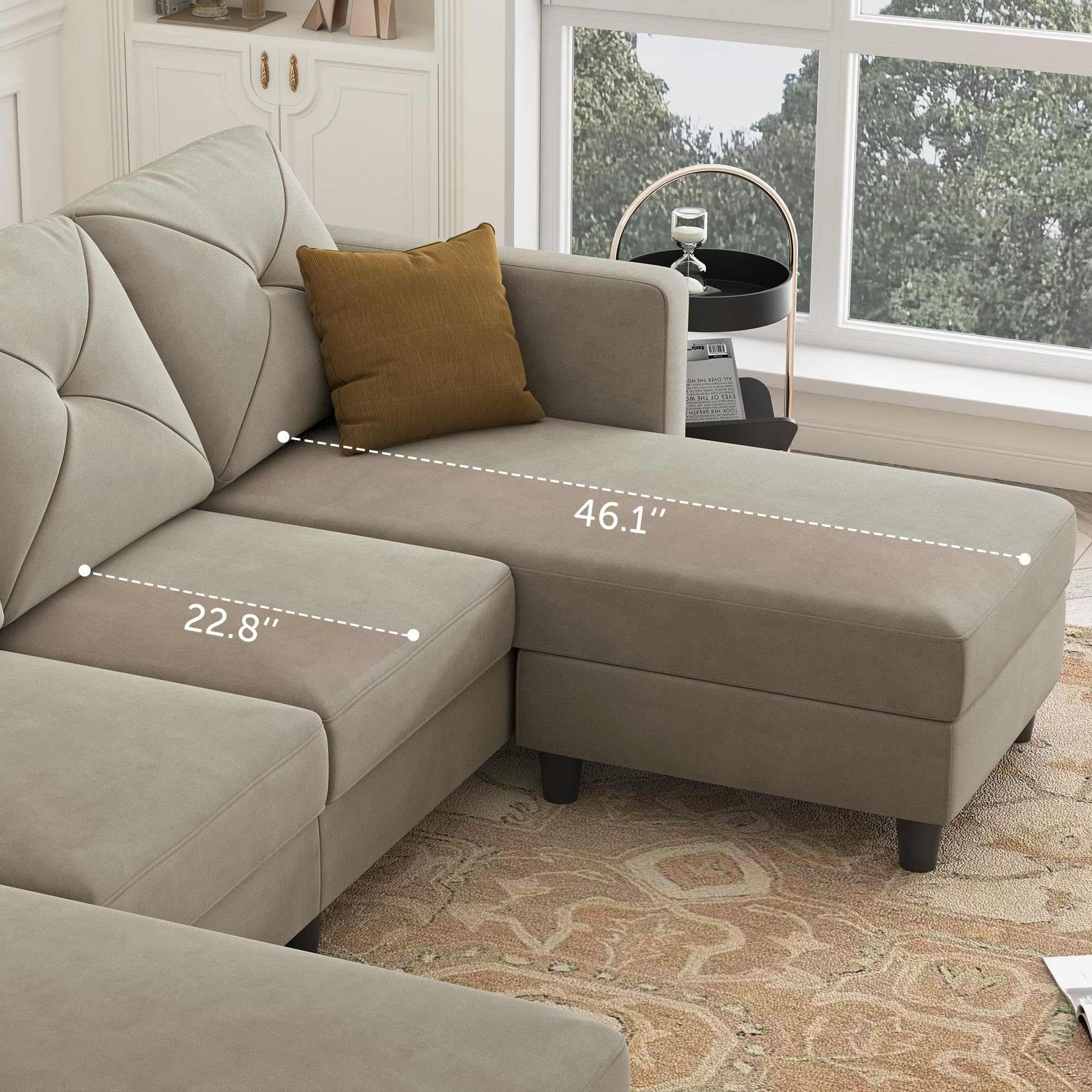 Shaped Sectional Sofa Convertible Couch with Double Chaises 4 Seat Sofa with Ottomans for Living Room, Velvet Light Grey