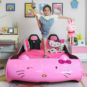 High quality Child bedroom furniture Hello Kitty Pink Color high bedrest Car bed for girl with light