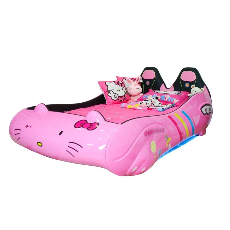 High quality Child bedroom furniture Hello Kitty Pink Color high bedrest Car bed for girl with light