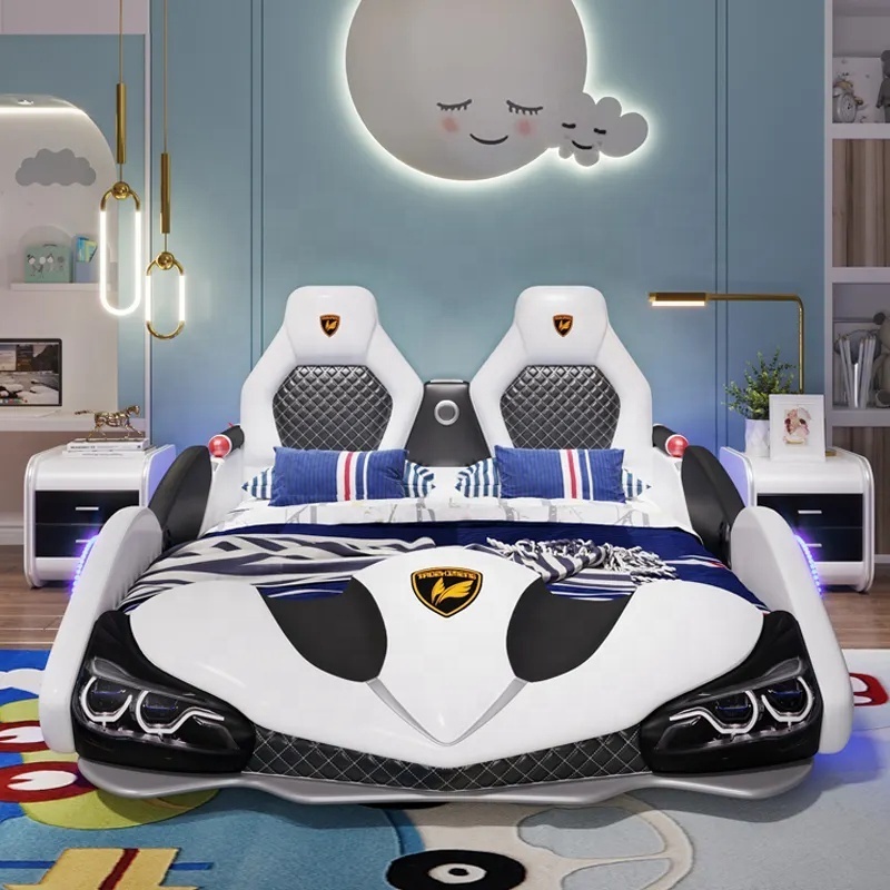 Factory wholesale double creative kids car bed boy cartoon leather single bed with guardrail girl Children racing car bed