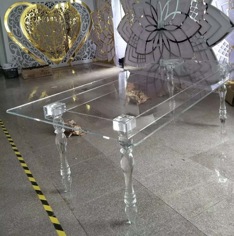 Transparency rectangular wedding acrylic banquet clear dining table with leg for wedding