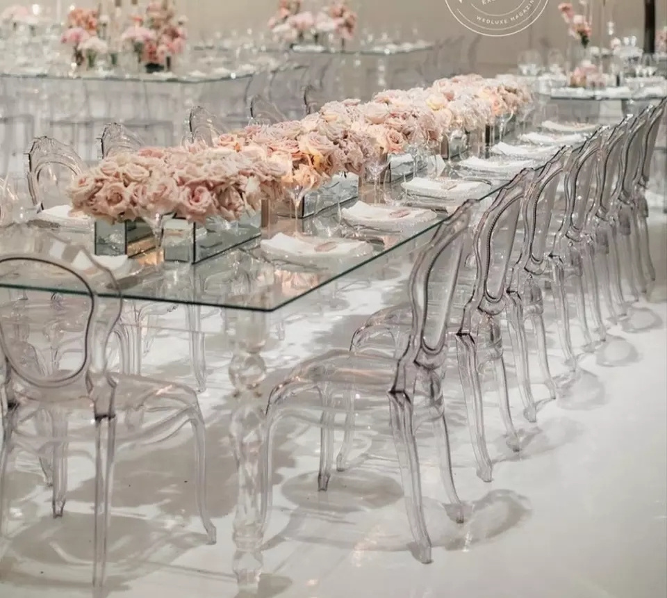 Transparency rectangular wedding acrylic banquet clear dining table with leg for wedding