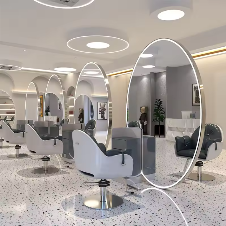 Barber salon furniture stand double sided barber station Mirror large full length station led mirror for beauty salon