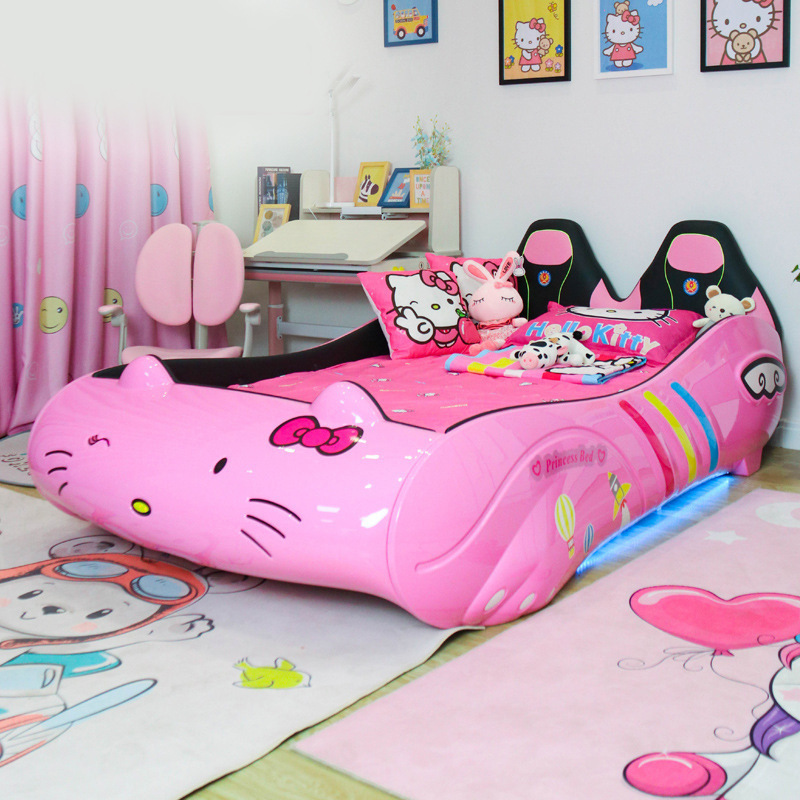 High quality Child bedroom furniture Hello Kitty Pink Color high bedrest Car bed for girl with light