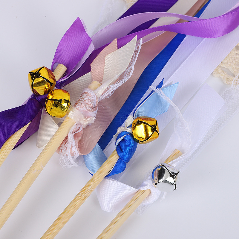 Wholesale Party Activities Holiday Celebration Lace Ribbon Wands Wedding Streamers with Bells, Silk Fairy Stick Wish Wands