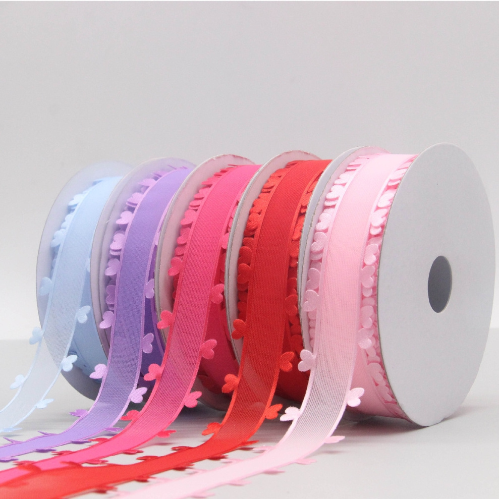 Wholesale Flowers Packaging Sheer Chiffon Organza Ribbons With Heart Edge Craft Making Gift Wrapping