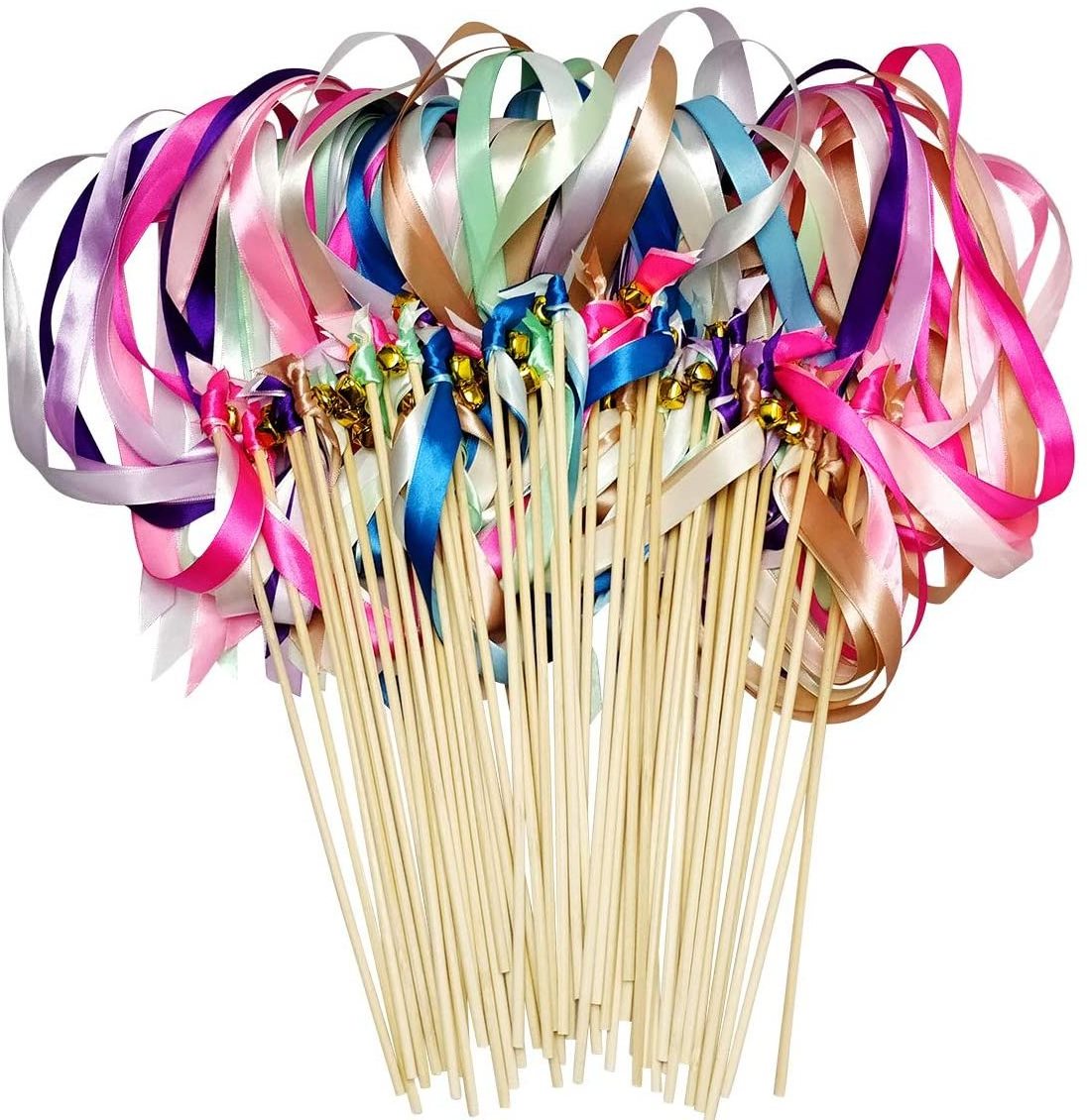 Wedding Streamers with Bells Polyester Ribbon Wands Party Sticks Guest blessing Streamers Fairy Stick stain Wand