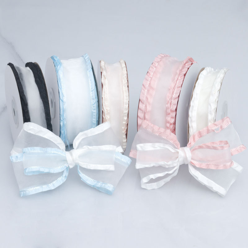 New Designer DIY Customized Terylene Colours Solid Color Ruffled Sheer Twill Ribbon Chiffon Ribbon