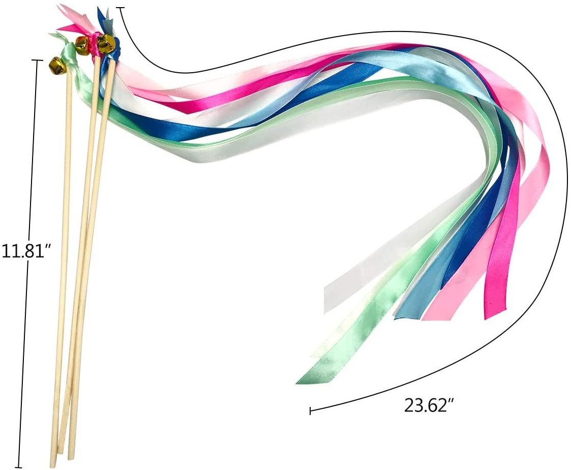 Wedding Streamers with Bells Polyester Ribbon Wands Party Sticks Guest blessing Streamers Fairy Stick stain Wand