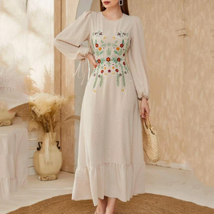 Custom Summer Women's Casual Floral Print Ladies Maxi V-Neck Waist Cuff Lace Up Long Sleeve Vintage Embroidered Dresses