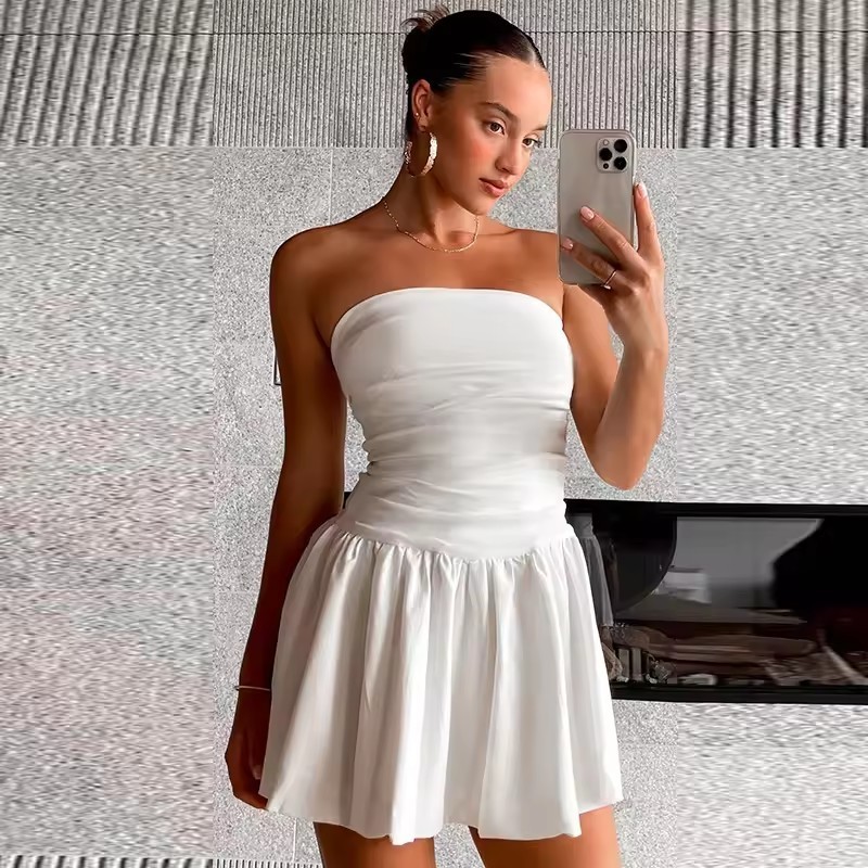 Simple solid color  Strapless Sexy Slim-fit slimming waist tube top A Line Dress Prom Sexy Party Club mini short dress