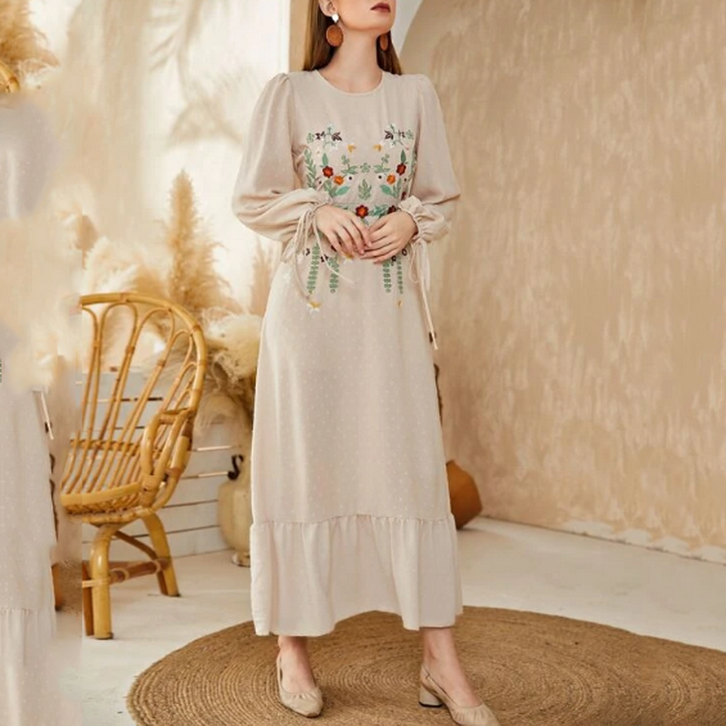 Custom Summer Women's Casual Floral Print Ladies Maxi V-Neck Waist Cuff Lace Up Long Sleeve Vintage Embroidered Dresses