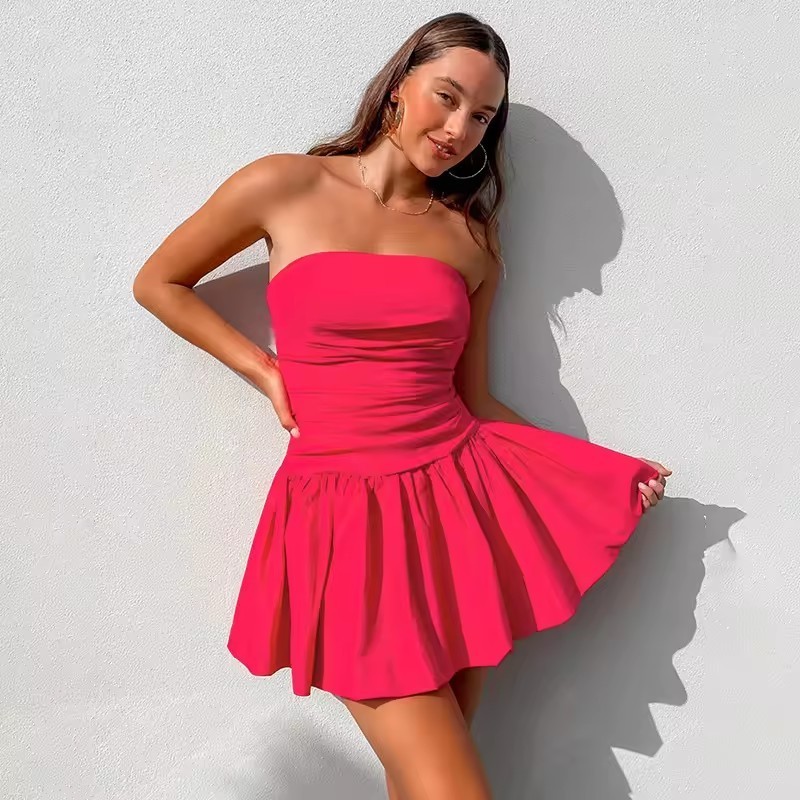 Simple solid color  Strapless Sexy Slim-fit slimming waist tube top A Line Dress Prom Sexy Party Club mini short dress