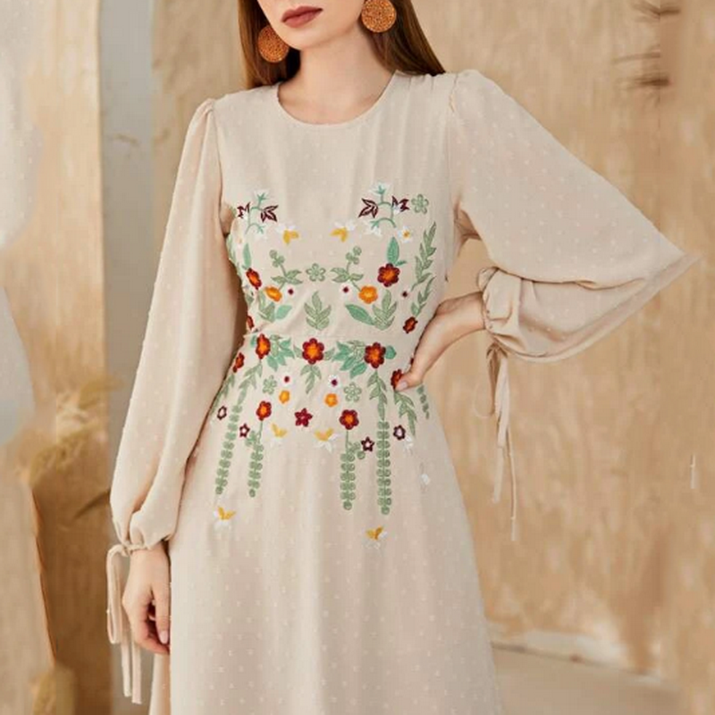 Custom Summer Women's Casual Floral Print Ladies Maxi V-Neck Waist Cuff Lace Up Long Sleeve Vintage Embroidered Dresses