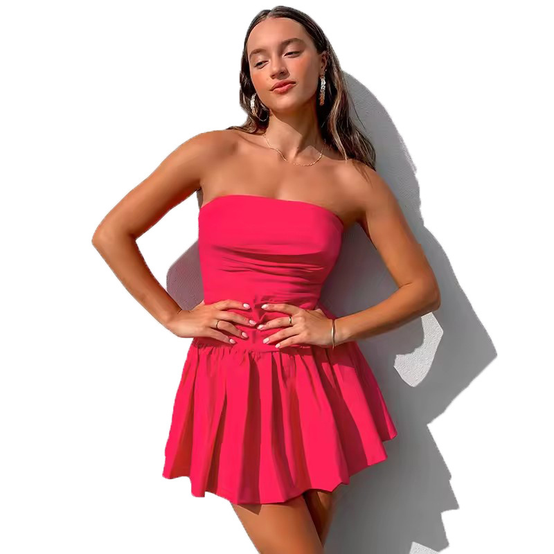 Simple solid color  Strapless Sexy Slim-fit slimming waist tube top A Line Dress Prom Sexy Party Club mini short dress