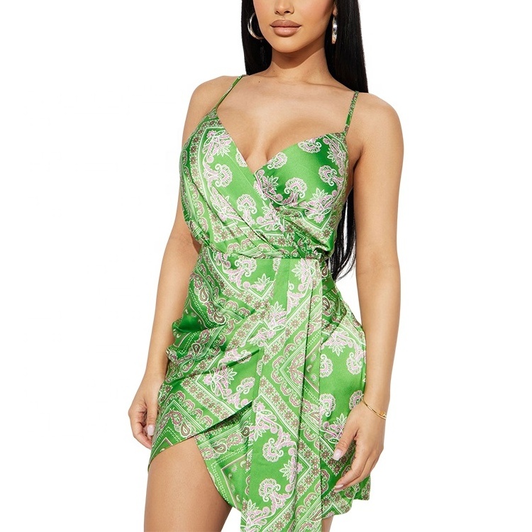 Custom digital printing Style pattern summer sexy women strap V neck dress good quality Satin casual dress