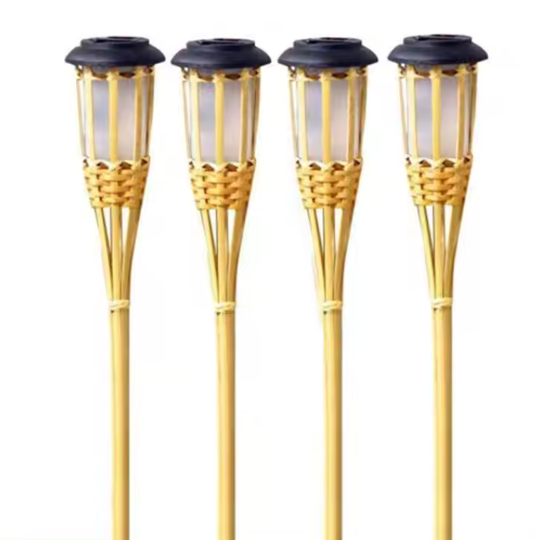 Solar Powered Bamboo Tiki Torch with Warm Amber Flickering Light LED Landscape Lighting for Outdoor Garden Solar Torch