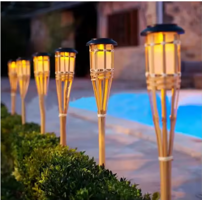 Solar Powered Bamboo Tiki Torch with Warm Amber Flickering Light LED Landscape Lighting for Outdoor Garden Solar Torch