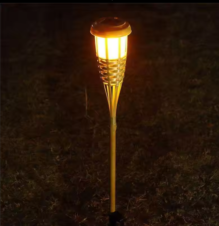 Solar Powered Bamboo Tiki Torch with Warm Amber Flickering Light LED Landscape Lighting for Outdoor Garden Solar Torch