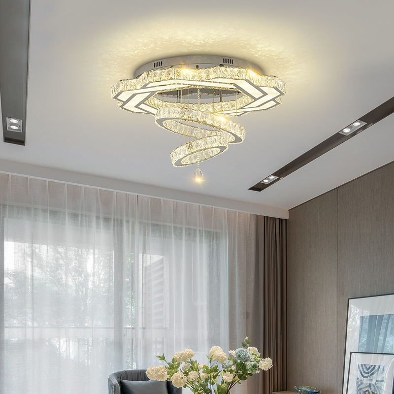 Modern K9 Crystal LED Ceiling Light Rings Chrome Chandelier Acrylic Cover Bedroom Iron Decorative K9 Crystal Led Ceiling Light